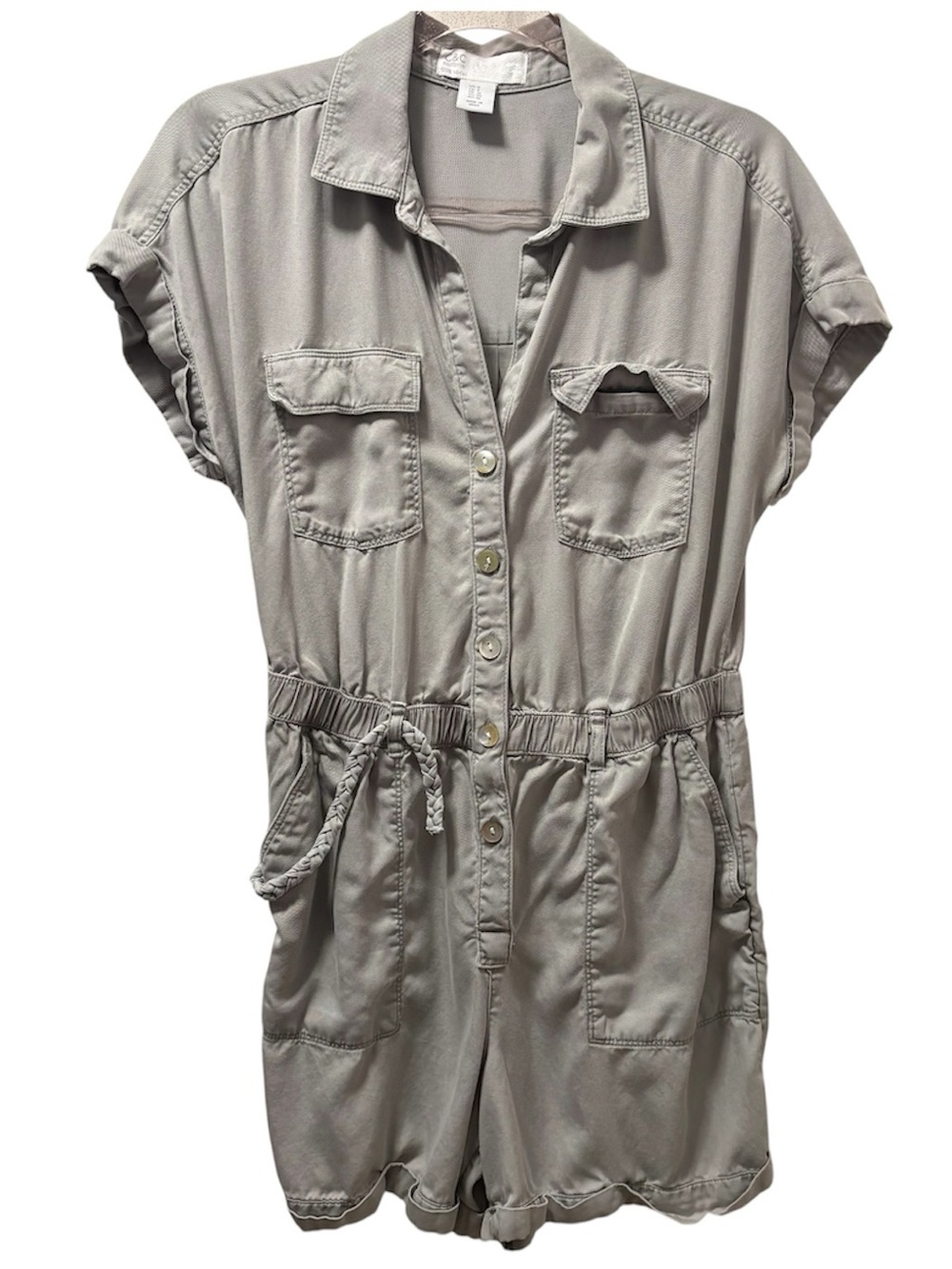 C&C California Lyocell Gray Romper 6 Short Sleeve Button Pockets Safari Utility